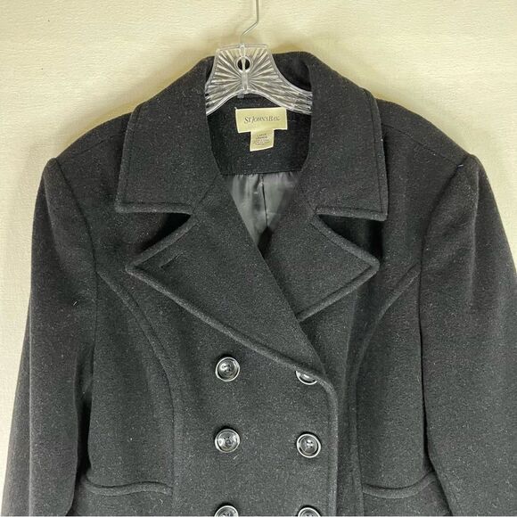 St John’s Bay Pea Coat Women’s L Black Cashmere Wool Nylon Double Breasted - Picture 3 of 11